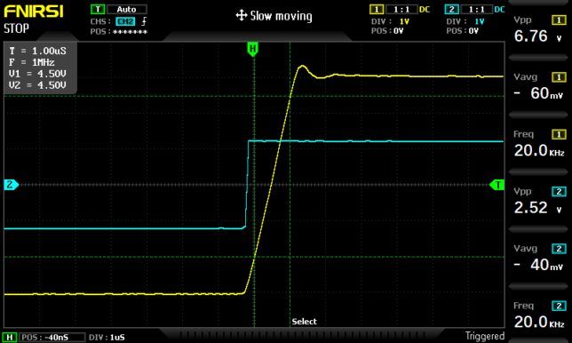 njm4580lのスルーレートを計測してみました。4.5V/μsでした。データシート上は5V/μsですから、その差0.5Vは誤差だと思います。
本物だと思います。