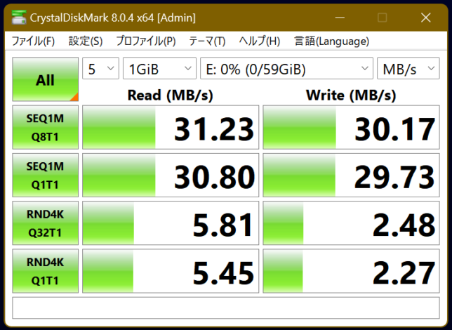 サッカーボール柄の方の測定結果です。シーケンシャルの方は、読み書きとも大体30MB/sくらい出ているので、合格です。