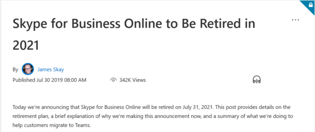 Skype for businessのMicrosoft teamsへの移行は2019年にアナウンスされました。