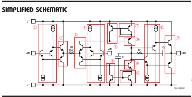 LT1364の内部等価回路
パクったヘッドホンアンプのアイデアは、この回路図からパクりました。