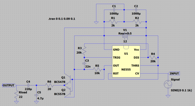 NE555を使用したd級アンプ回路図