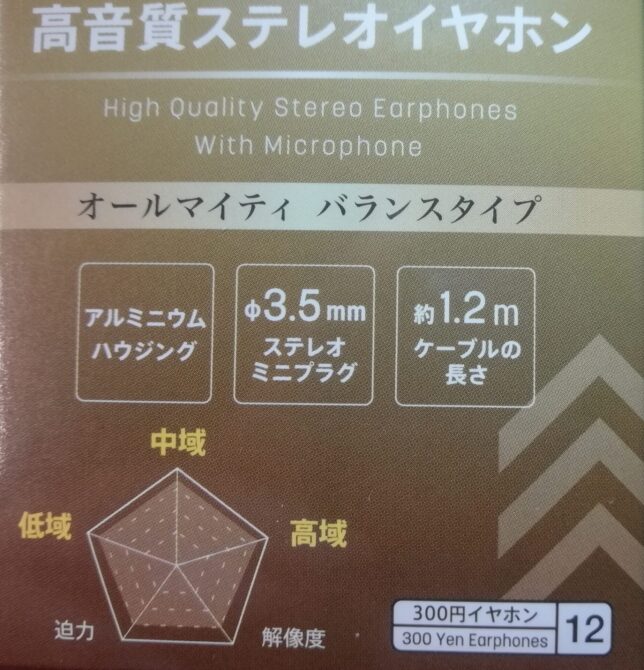 ダイソーの300円イヤホンは、パッケージに”高音質ステレオイヤホン”と書かれています